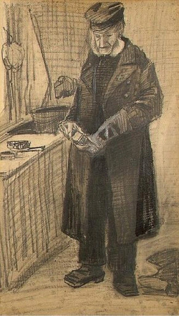 穿长大衣擦靴子的孤儿 Orphan Man with Long Overcoat Cleaning Boots (1882; Haag / Den Haag / La Haye / The Hague,Netherlands  )，文森特·梵高