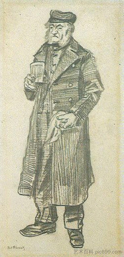 穿着长大衣、玻璃和手帕的孤儿 Orphan Man with Long Overcoat, Glass and Handkerchief (1882; Haag / Den Haag / La Haye / The Hague,Netherlands  )，文森特·梵高