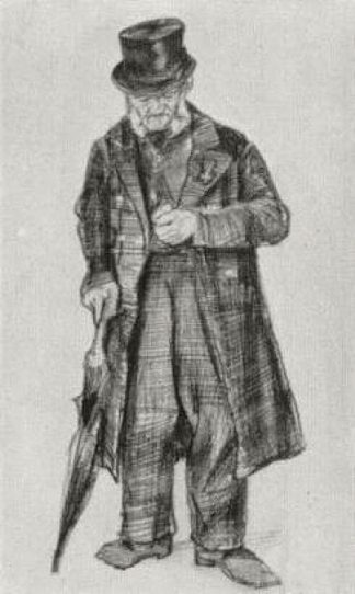带着大礼帽和雨伞的孤儿看着他的手表 Orphan Man with Top Hat and Umbrella Looking at his Watch (1882; Haag / Den Haag / La Haye / The Hague,Netherlands                     )，文森特·梵高