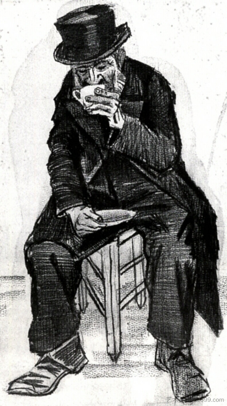 戴礼帽的孤儿，喝咖啡 Orphan Man with Top Hat, Drinking Coffee (1882; Haag / Den Haag / La Haye / The Hague,Netherlands  )，文森特·梵高