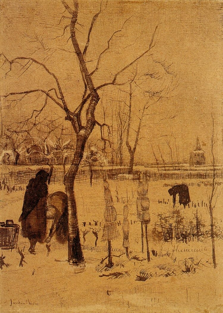 雪中的牧师住宅花园和三个人物 Parsonage Garden in the Snow with Three Figures (1885; Nunen / Nuenen,Netherlands  )，文森特·梵高
