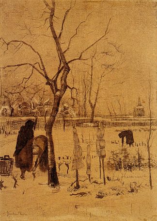 雪中的牧师住宅花园和三个人物 Parsonage Garden in the Snow with Three Figures (1885; Nunen / Nuenen,Netherlands                     )，文森特·梵高