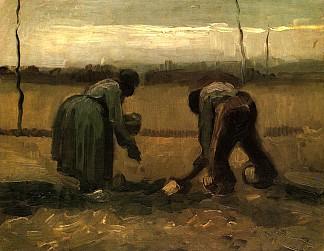 农民和农妇在种土豆 Peasant and Peasant Woman Planting Potatoes (1885; Nunen / Nuenen,Netherlands                     )，文森特·梵高