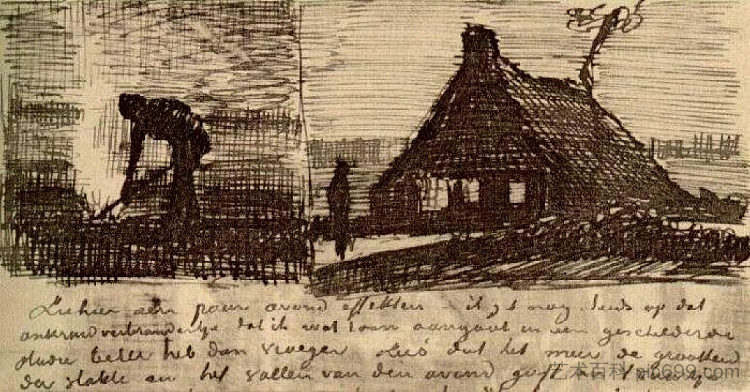燃烧杂草的农民和夜晚的农舍 Peasant Burning Weeds, and Farmhouse at Night (1883; Netherlands ),文森特·梵高