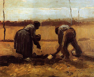 农民男女在种土豆 Peasant Man and Woman Planting Potatoes (1885; Nunen / Nuenen,Netherlands                     )，文森特·梵高