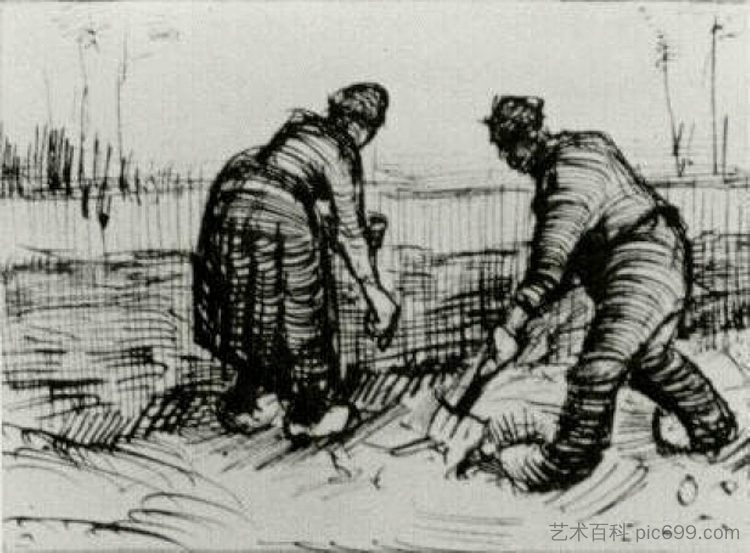 农民男女在种土豆 Peasant Man and Woman Planting Potatoes (1885; Nunen / Nuenen,Netherlands  )，文森特·梵高