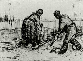 农民男女在种土豆 Peasant Man and Woman Planting Potatoes (1885; Nunen / Nuenen,Netherlands                     )，文森特·梵高