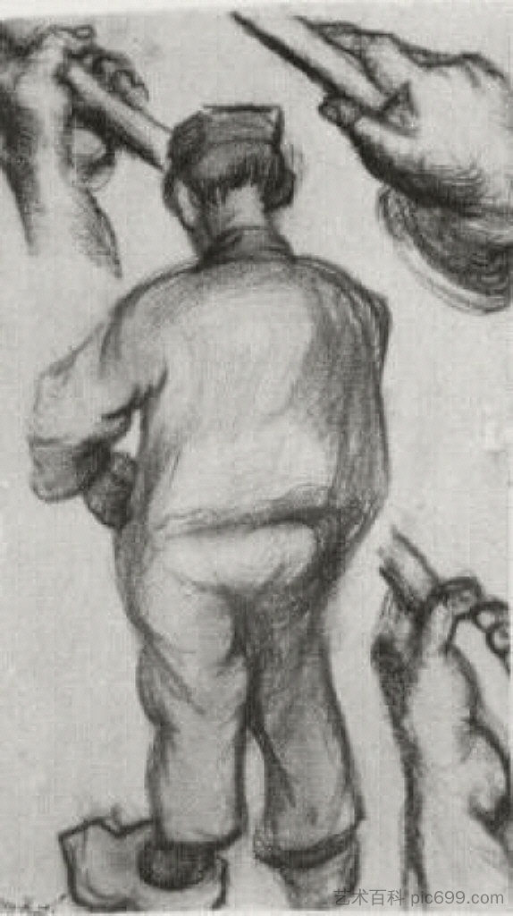 农民,从背后看,三只手拿着一根棍子 Peasant, Seen from the Back and Three Hands Holding a Stick (1885; Nunen / Nuenen,Netherlands ),文森特·梵高