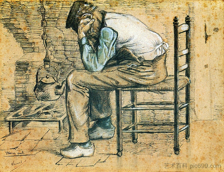 坐在壁炉旁的农民(疲惫不堪) Peasant Sitting by the Fireplace (Worn Out) (1881; Netherlands  )，文森特·梵高