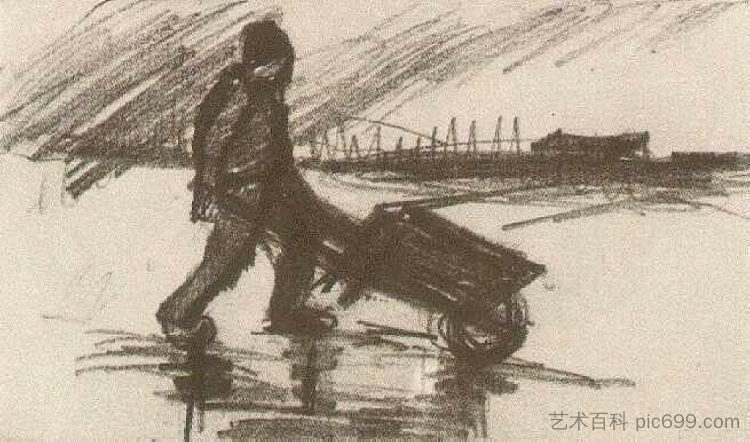 农民,推着独轮车 Peasant, Walking with a Wheelbarrow (1885; Nunen / Nuenen,Netherlands ),文森特·梵高