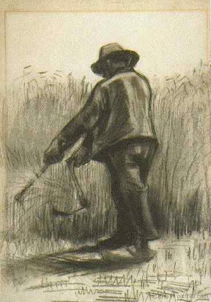 拿着镰刀的农民，从背后看 Peasant with Sickle, Seen from the Back (1885; Nunen / Nuenen,Netherlands  )，文森特·梵高