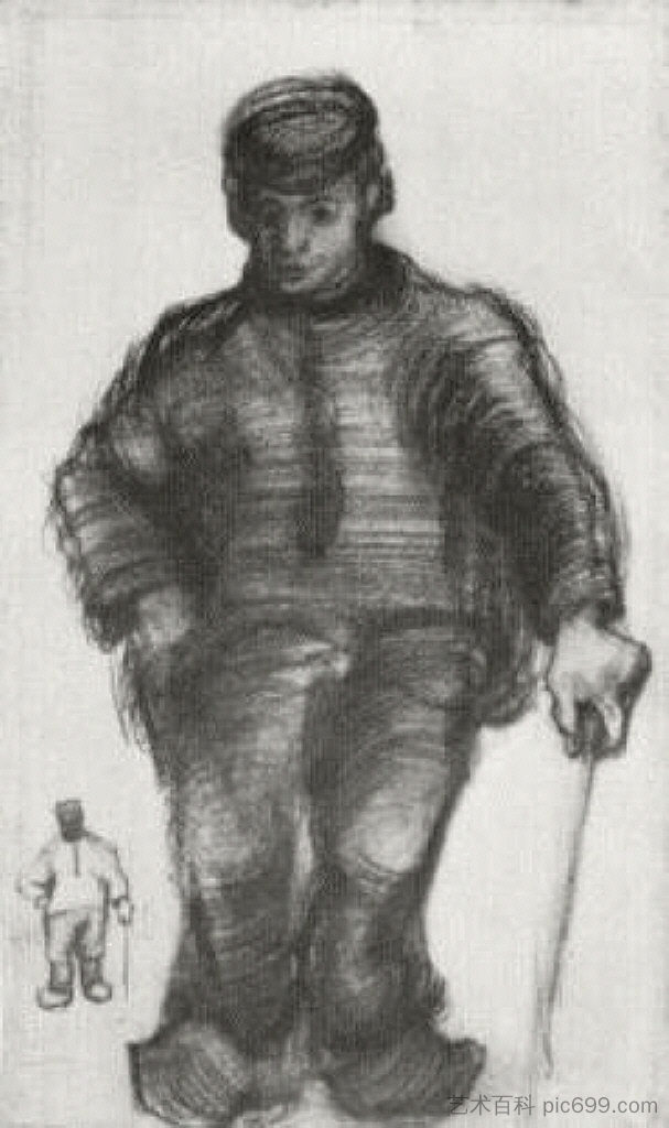 拿着手杖的农民和同一人物的小品 Peasant with Walking Stick, and Little Sketch of the Same Figure (1885; Nunen / Nuenen,Netherlands  )，文森特·梵高