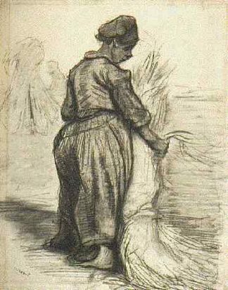 农妇，捆着一捆谷子 Peasant Woman, Binding a Sheaf of Grain (1885; Nunen / Nuenen,Netherlands                     )，文森特·梵高