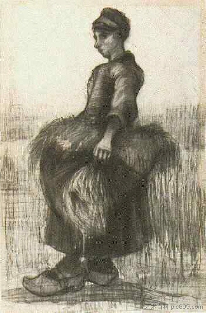 农妇，用围裙拎着麦子 Peasant Woman, Carrying Wheat in Her Apron (1885; Nunen / Nuenen,Netherlands  )，文森特·梵高