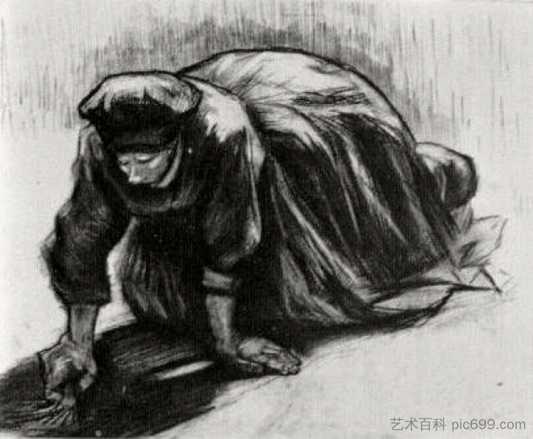 农妇，跪着，可能在挖胡萝卜 Peasant Woman, Kneeling, Possibly Digging Up Carrots (1885; Nunen / Nuenen,Netherlands  )，文森特·梵高