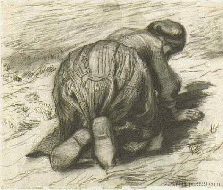 农妇，跪着，从背后看 Peasant Woman, Kneeling, Seen from the Back (1885; Nunen / Nuenen,Netherlands  )，文森特·梵高