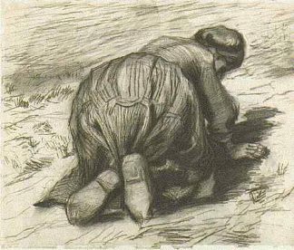 农妇，跪着，从背后看 Peasant Woman, Kneeling, Seen from the Back (1885; Nunen / Nuenen,Netherlands                     )，文森特·梵高