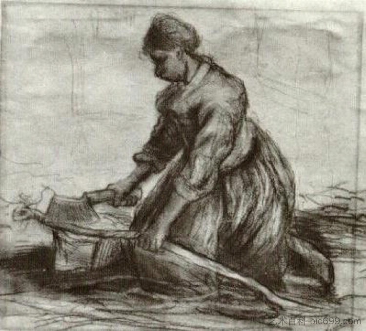 农妇，跪在菜刀下 Peasant Woman, Kneeling with Chopper (1885; Nunen / Nuenen,Netherlands  )，文森特·梵高