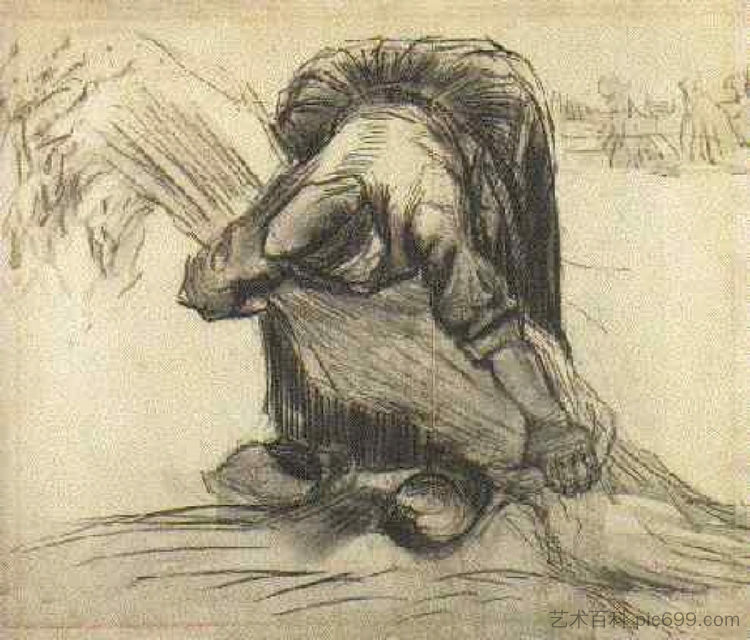 农妇,捡起一捆谷子 Peasant Woman, Picking Up a Sheaf of Grain (1885; Nunen / Nuenen,Netherlands ),文森特·梵高