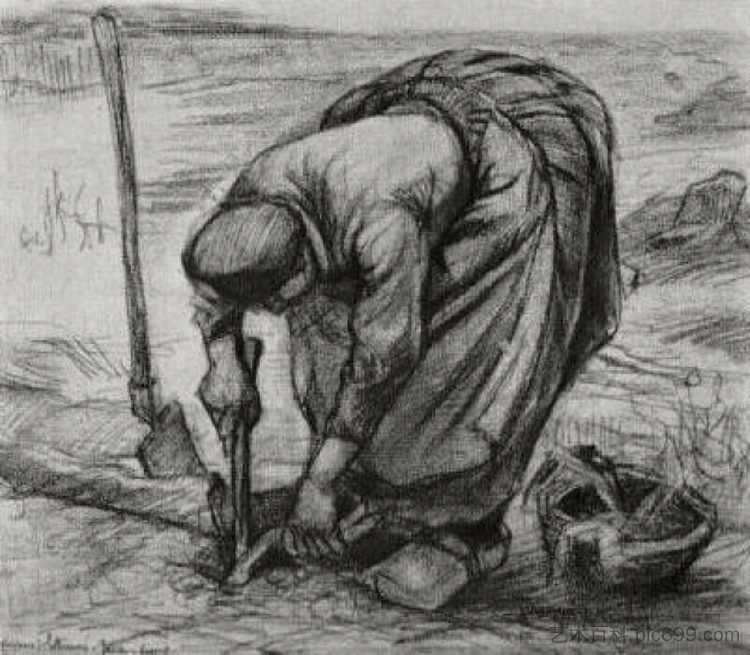 农妇，种植甜菜 Peasant Woman, Planting Beets (1885; Nunen / Nuenen,Netherlands  )，文森特·梵高