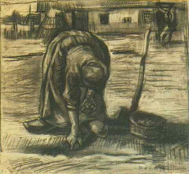 农妇，种土豆 Peasant Woman, Planting Potatoes (1885; Nunen / Nuenen,Netherlands  )，文森特·梵高