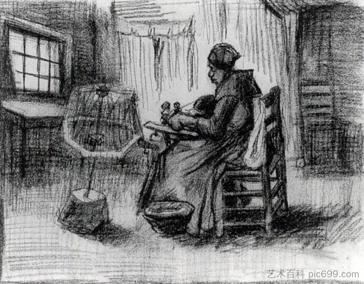 农妇捻纱 Peasant Woman Reeling Yarn (1885; Nunen / Nuenen,Netherlands ),文森特·梵高