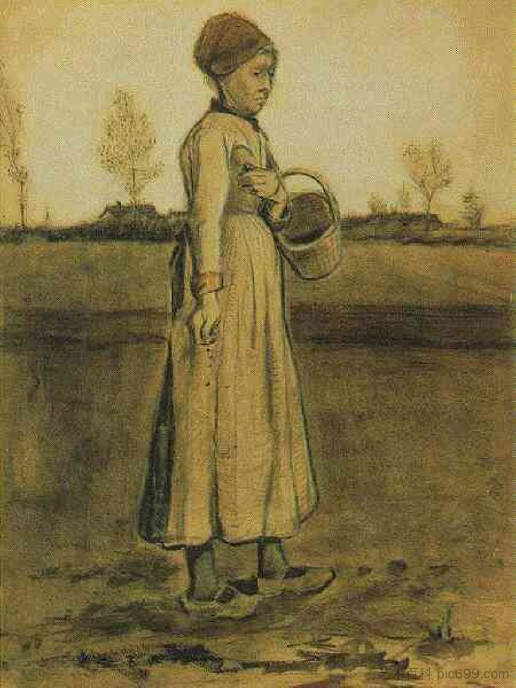 农妇用篮子播种 Peasant Woman Sowing with a Basket (1881; Netherlands  )，文森特·梵高