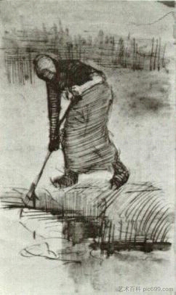 站在沟渠或水塘旁的农妇 Peasant Woman, Standing near a Ditch or Pool (1885; Nunen / Nuenen,Netherlands  )，文森特·梵高