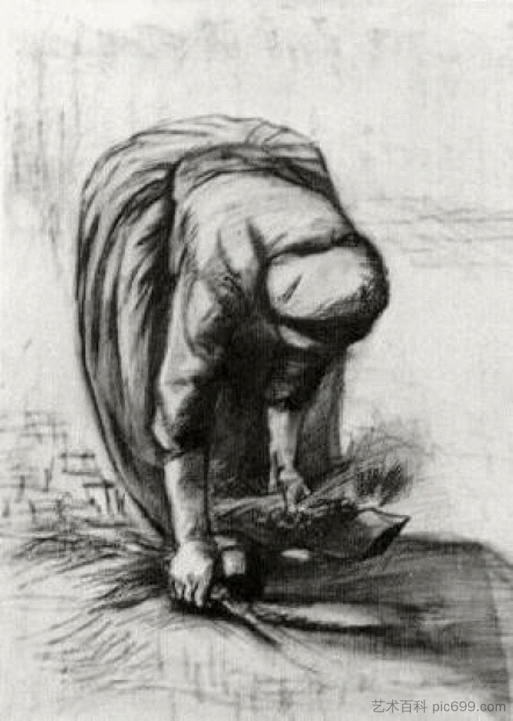 弯腰拾荒的农妇 Peasant Woman Stooping and Gleaning (1885; Nunen / Nuenen,Netherlands  )，文森特·梵高