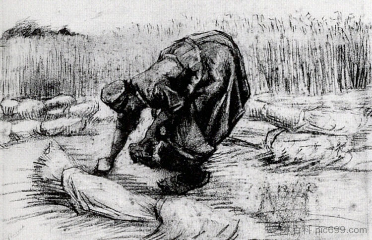 农妇，在麦捆之间弯腰 Peasant Woman, Stooping between Sheaves of Grain (1885; Nunen / Nuenen,Netherlands  )，文森特·梵高