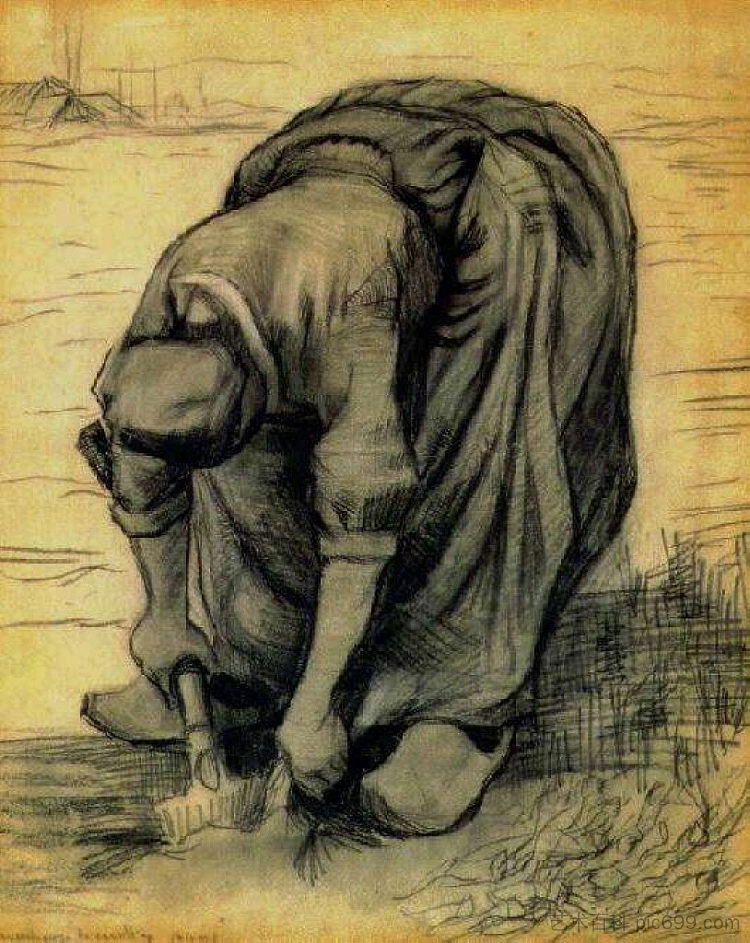 农妇，弯着腰用铲子挖胡萝卜 Peasant Woman, Stooping with a Spade, Digging Up Carrots (1885; Nunen / Nuenen,Netherlands  )，文森特·梵高