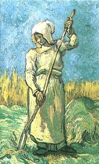 农妇拿着小米的耙子 Peasant Woman with a Rake after Millet (1889; Saint-rémy-de-provence,France                     )，文森特·梵高