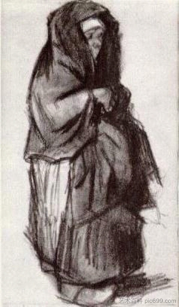 从侧面看，头上披巾的农妇 Peasant Woman with Shawl over her Head, Seen from the Side (1885; Nunen / Nuenen,Netherlands  )，文森特·梵高