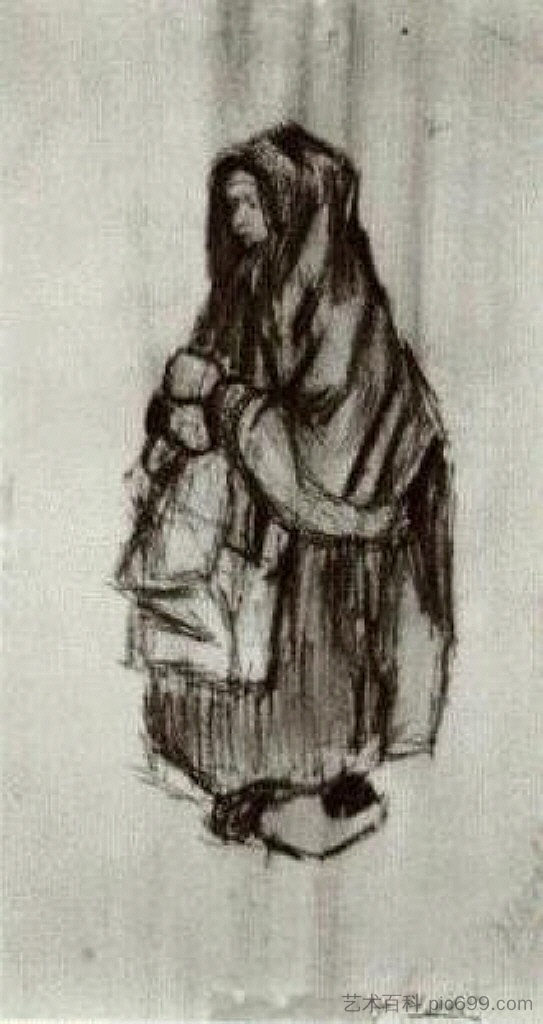 从侧面看，头上披巾的农妇 Peasant Woman with Shawl over her Head, Seen from the Side 2 (1885; Nunen / Nuenen,Netherlands  )，文森特·梵高