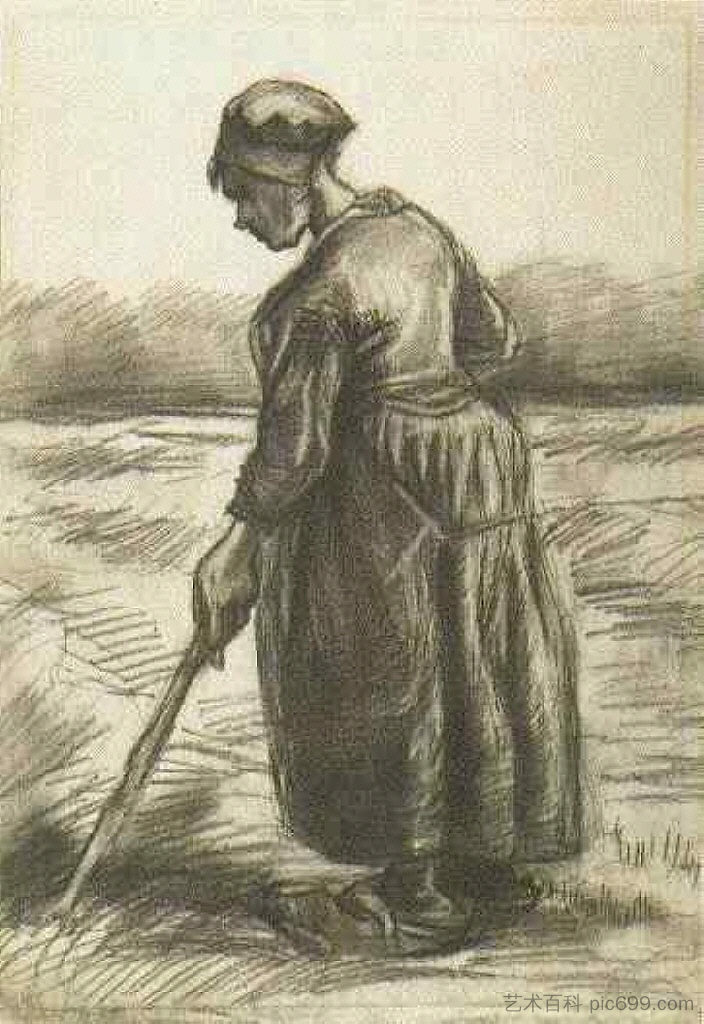 农妇，用一根长棍干活 Peasant Woman, Working with a Long Stick (1885; Nunen / Nuenen,Netherlands  )，文森特·梵高