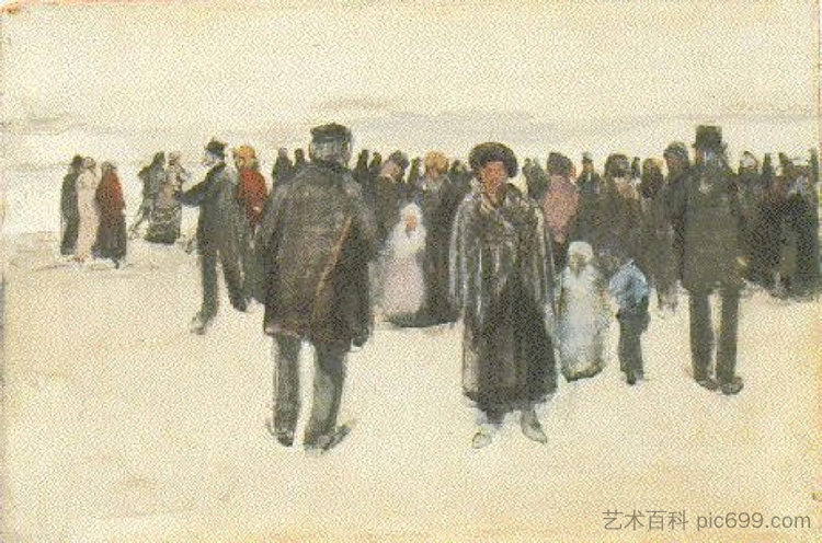 人们在海滩上散步 People Strolling on the Beach (1882; Haag / Den Haag / La Haye / The Hague,Netherlands ),文森特·梵高