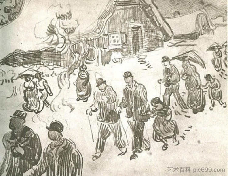 人们走在白雪皑皑的小屋前 People Walking in Front of Snow-Covered Cottage (1890; Saint-rémy-de-provence,France  )，文森特·梵高