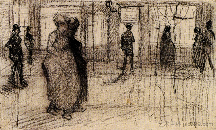 人们在晚上走在街上 People Walking on a Street in the Evening (1886; Paris,France ),文森特·梵高