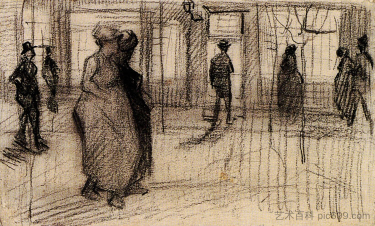 人们在晚上走在街上 People Walking on a Street in the Evening (1886; Paris,France  )，文森特·梵高