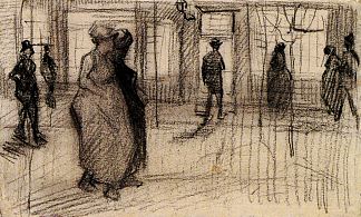 人们在晚上走在街上 People Walking on a Street in the Evening (1886; Paris,France                     )，文森特·梵高