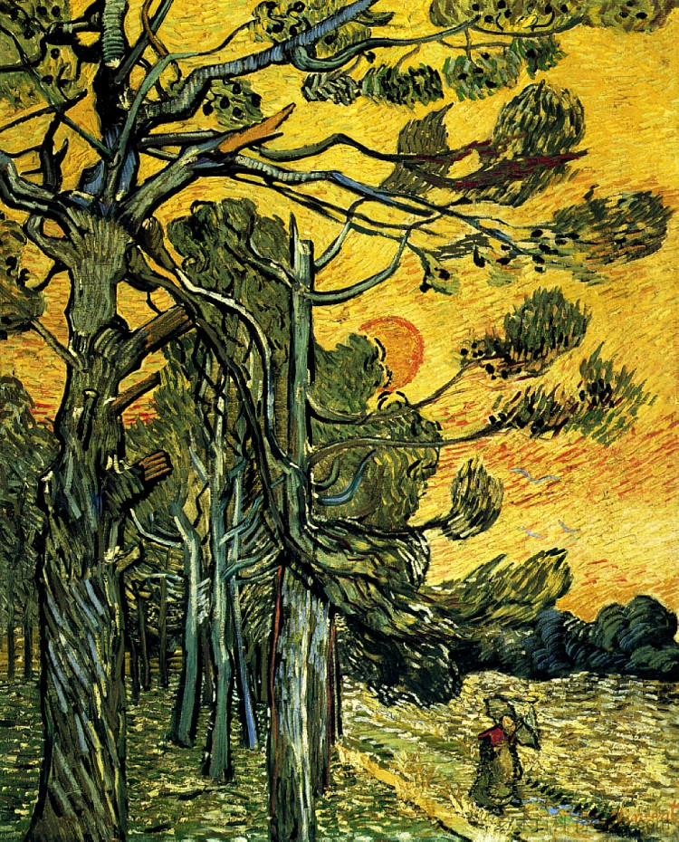 松树映衬着夕阳的红色天空 Pine Trees against a Red Sky with Setting Sun (1889; Saint-rémy-de-provence,France ),文森特·梵高