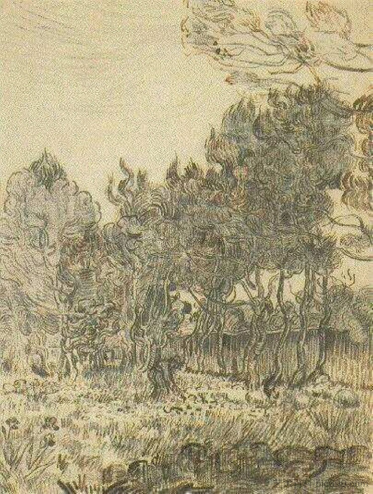 疯人院墙附近的松树 Pine Trees near the Wall of the Asylum (1889; Saint-rémy-de-provence,France  )，文森特·梵高