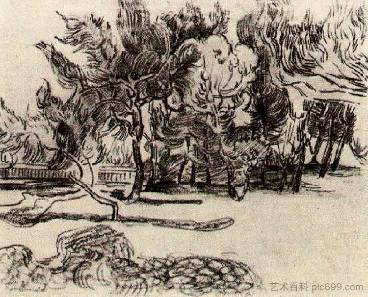 疯人院墙附近的松树 Pine Trees near the Wall of the Asylum (1889; Saint-rémy-de-provence,France ),文森特·梵高