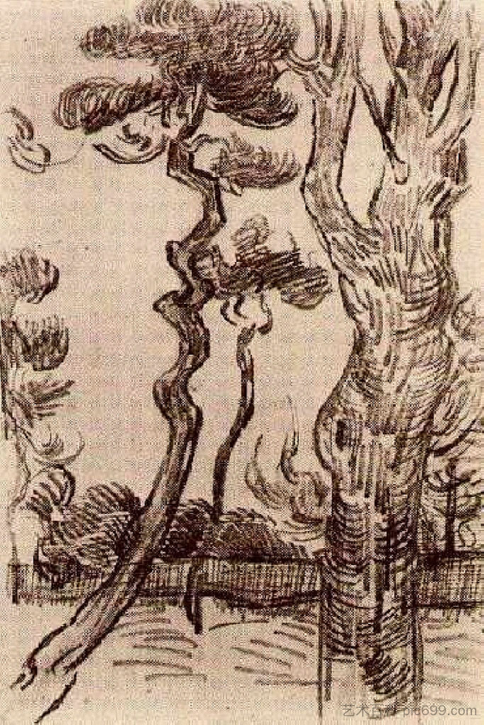 在疯人院的墙上看到的松树 Pine Trees Seen against the Wall of the Asylum (1889; Saint-rémy-de-provence,France ),文森特·梵高