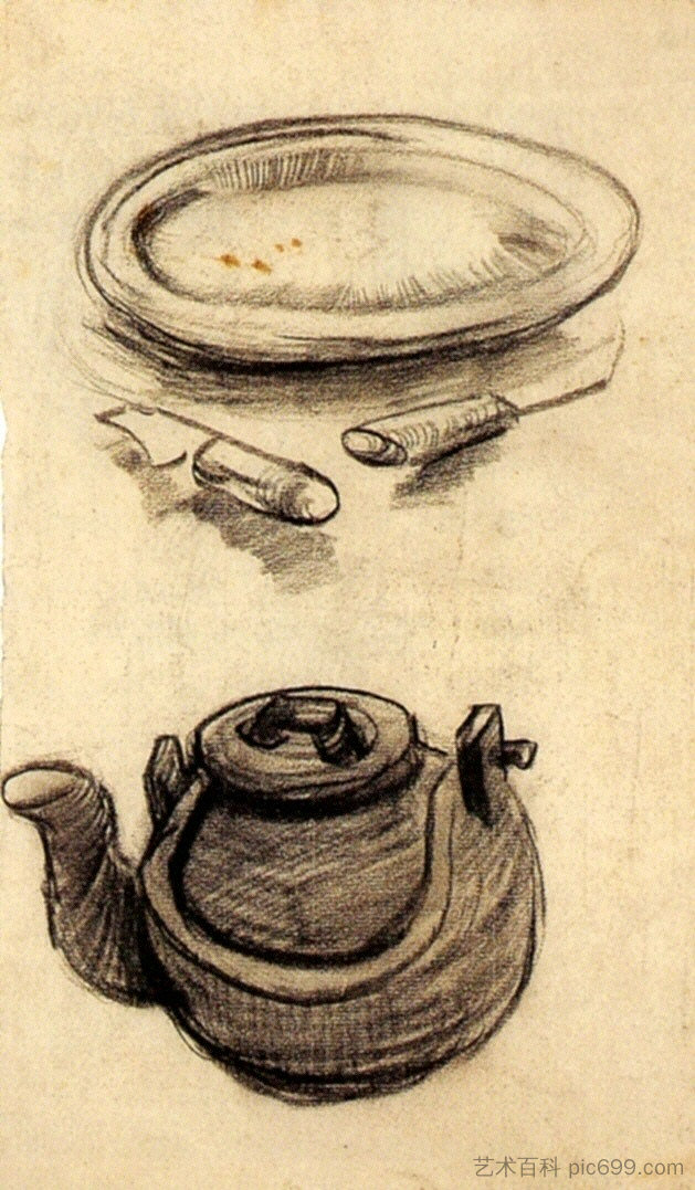 带餐具的盘子和水壶 Plate with Cutlery and a Kettle (1885; Nunen / Nuenen,Netherlands  )，文森特·梵高