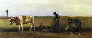 农夫和种土豆的女人 Ploughman with Woman Planting Potatoes (1884; Nunen / Nuenen,Netherlands                     )，文森特·梵高
