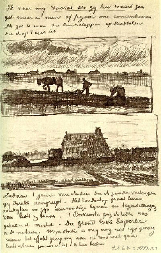 农夫和驼背的女人，还有一个有成堆泥炭的小农舍 Plowman with Stooping Woman, and a Little Farmhouse with Piles of Peat (1883; Netherlands  )，文森特·梵高