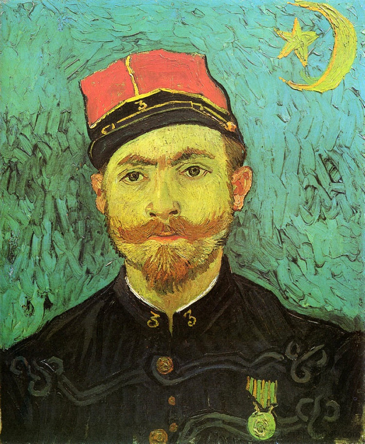 米利特的肖像，祖瓦夫家族的第二中尉 Portrait of Milliet, Second Lieutnant of the Zouaves (1888; Arles,Bouches-du-Rhône,France  )，文森特·梵高