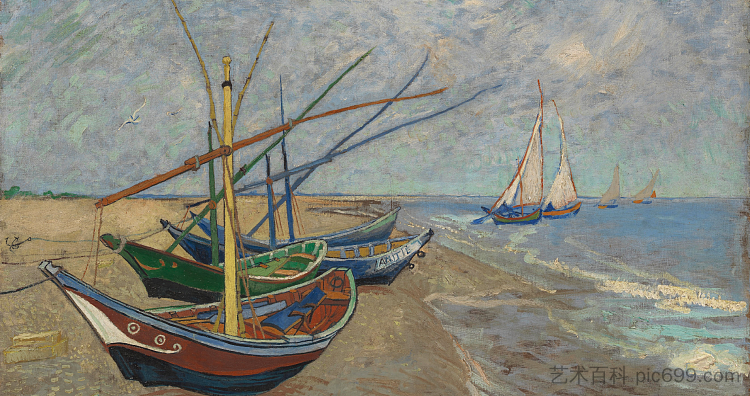 滨海圣玛丽海滩上的渔船 Fishing boats on the Beach at Les Saintes-Maries-de-la-Mer (1888; Saintes-maries-de-la-mer,France  )，文森特·梵高