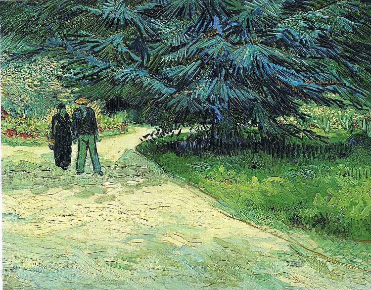 有情侣和蓝杉树的公共花园（诗人的花园III） Public Garden with Couple and Blue Fir Tree (The Poet s Garden III) (1888; Arles,Bouches-du-Rhône,France  )，文森特·梵高